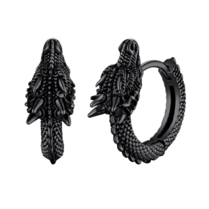 Black gothic dragon hoop earrings with intricate scaled texture and huggie design
