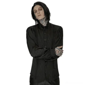Black dragon scale jacquard gothic shirt front view on tattooed male model