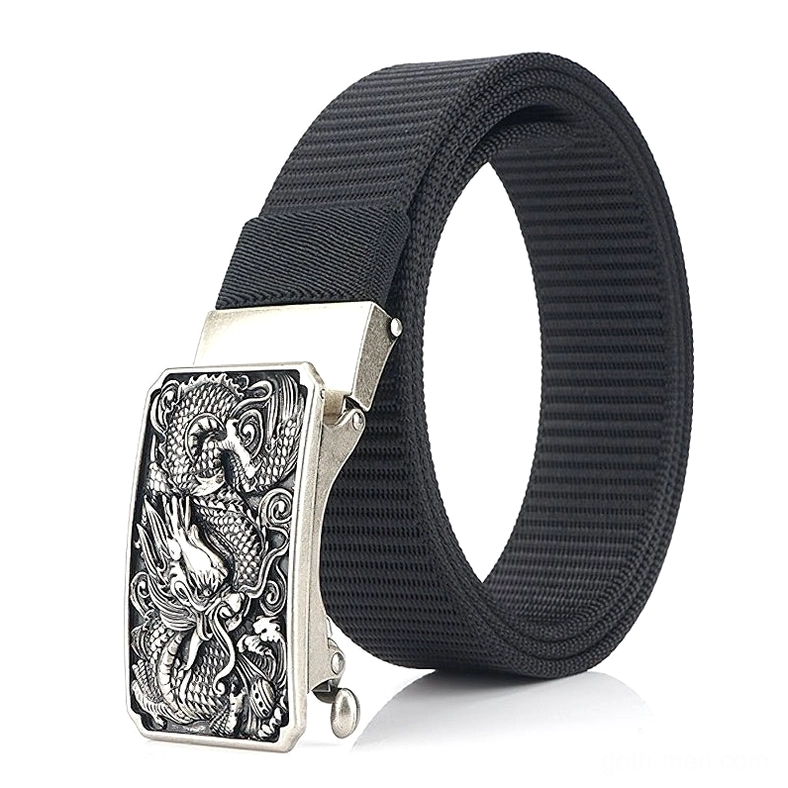 Black gothic tactical nylon belt with silver-toned embossed dragon buckle matte nylon finish front view