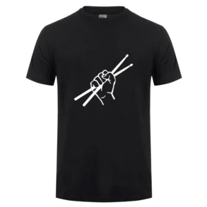 Black gothic drum fist t-shirt with white drumstick graphic print, front flat lay view