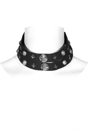 Black dual-layer gothic choker with silver skulls and stars displayed on white mannequin neck, front view showing complete double-strap design