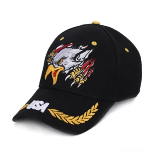 Black gothic eagle military cap with gold embroidery, front three-quarter view showcasing detailed wing embroidery and emblem design