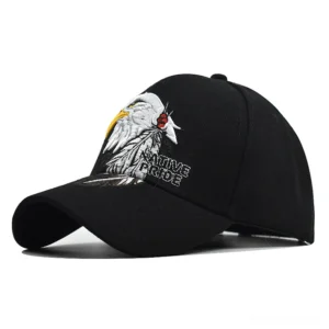 Deep black tactical baseball cap with bald eagle embroidery and alternative text design right side view