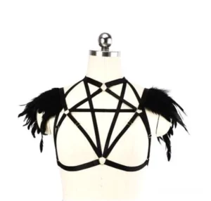 Black elastic pentagram feather chest harness with metal fasteners - gothic BDSM body harness style 1