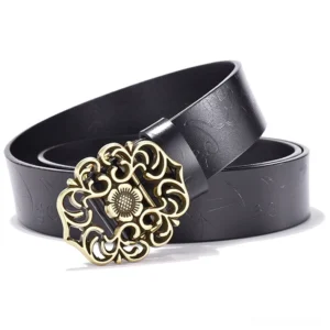 Black embossed leather gothic women's belt with ornate bronze floral pin buckle, flat lay front view