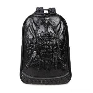 Black 3D embossed skull gothic leather backpack front view with studded trim