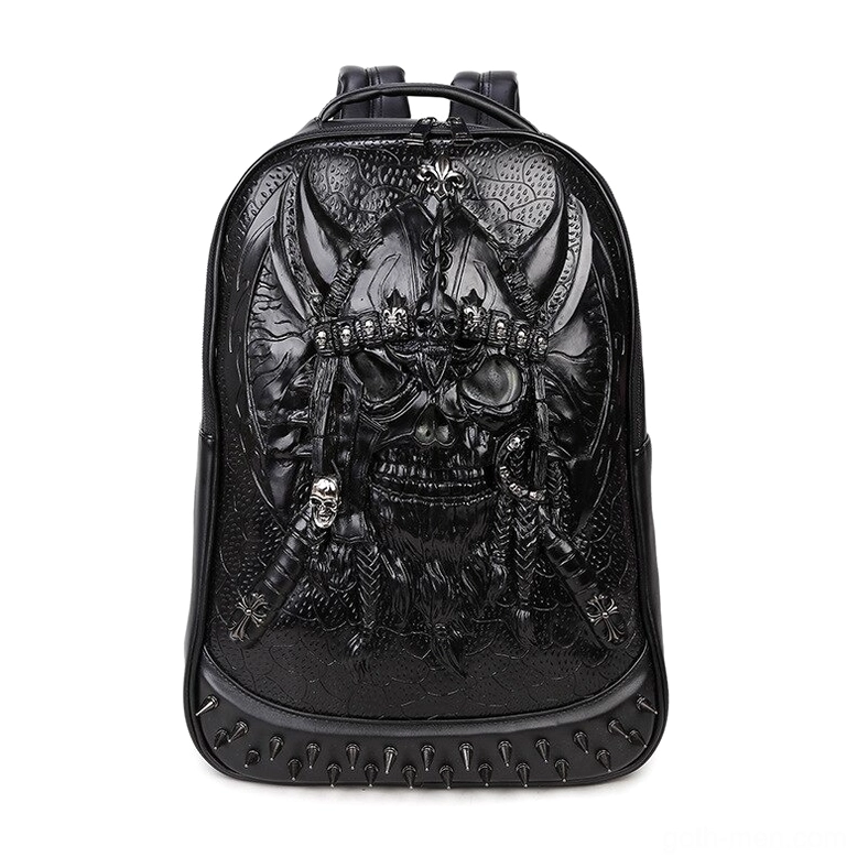 Black 3D embossed skull gothic leather backpack front view with studded trim