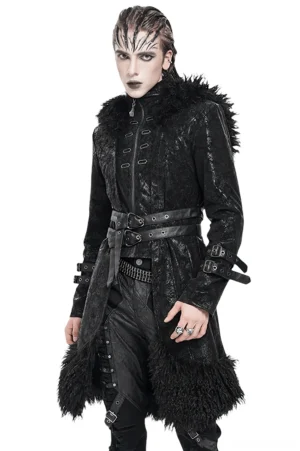 Black cracked faux fur hooded gothic trench coat front three-quarter view on male model with layered waist straps and buckle details