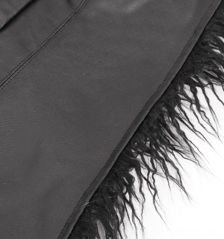 Black faux fur gothic punk jacket detail shot showing texture and metal hardware elements