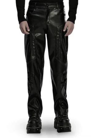 Black cyberpunk faux leather pants front view with side zipper details and tactical straps