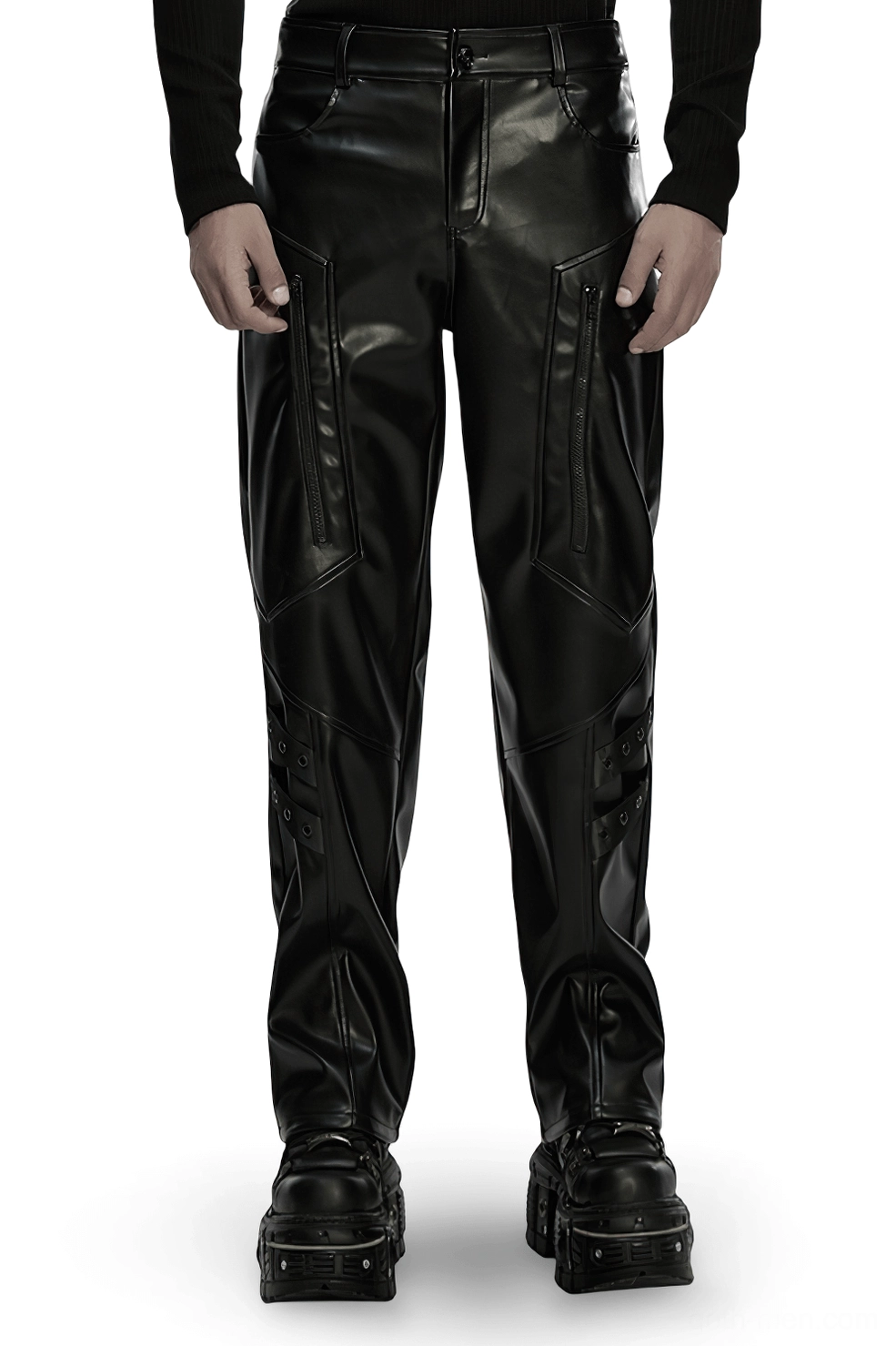 Black cyberpunk faux leather pants front view with side zipper details and tactical straps