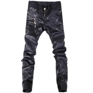Men's black faux leather gothic biker pants front flat lay - slim fit moto style with glossy finish, dual front zipper pockets, and metal button fly closure