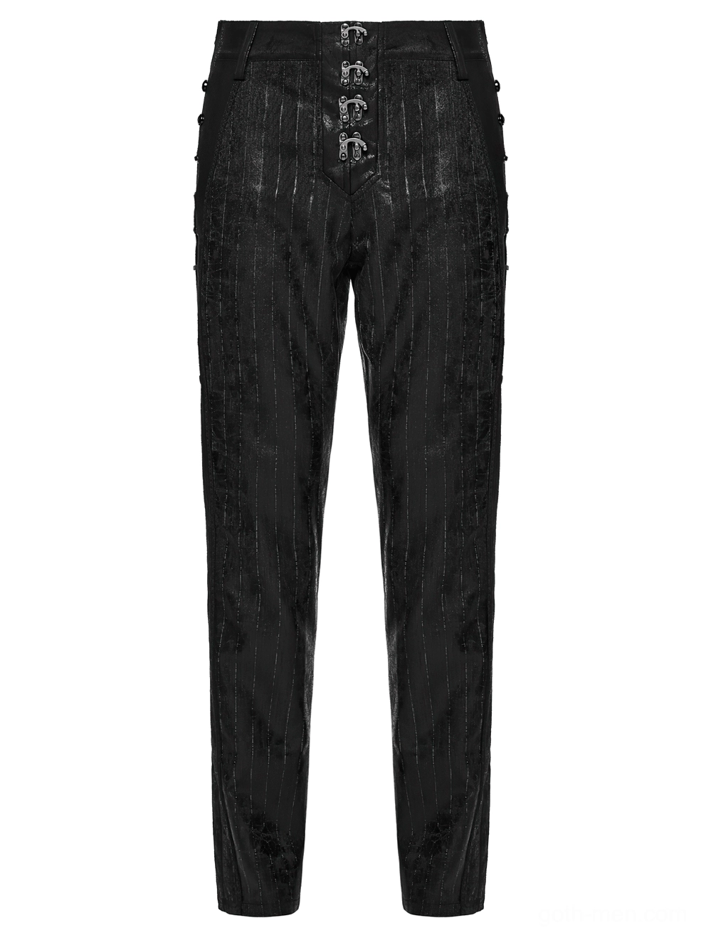 Black cracked faux leather steampunk pants front flat lay view with metal fasteners and pinstripe pattern detail