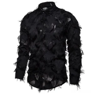 Black alternative feather lace shirt three-quarter angle showing slim fit and fluffy frayed embellishment