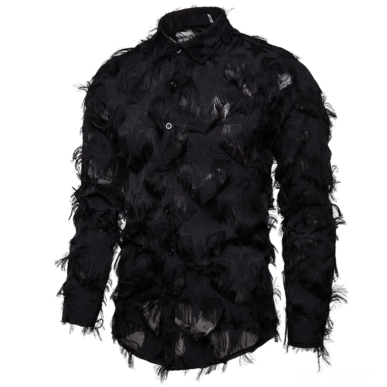 Black alternative feather lace shirt three-quarter angle showing slim fit and fluffy frayed embellishment