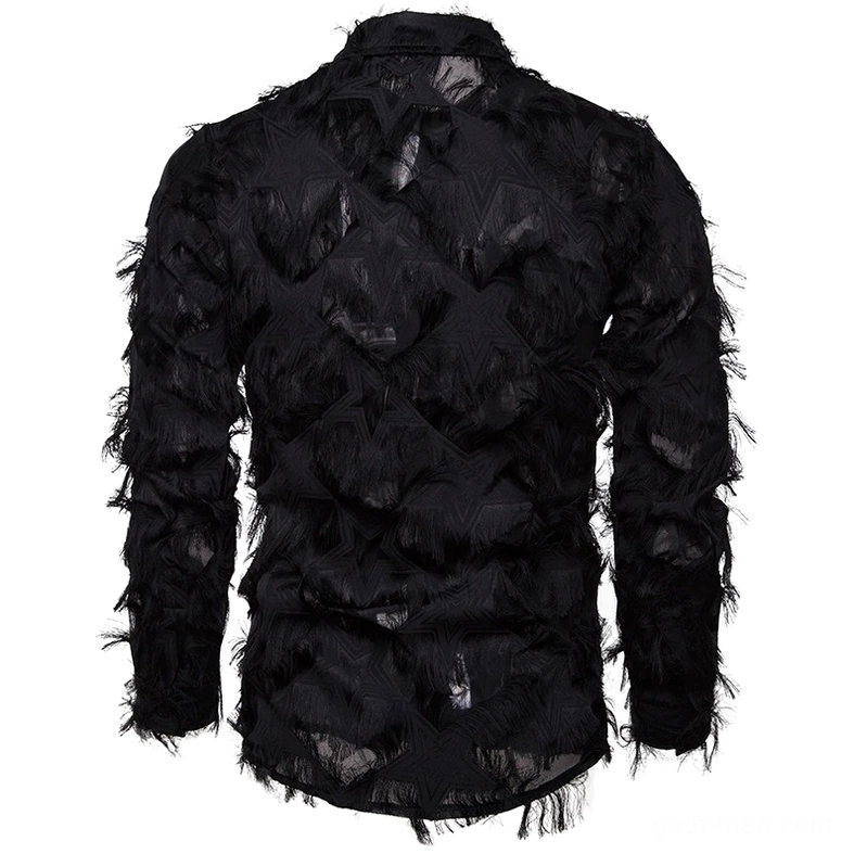 Black gothic shirt back view revealing geometric textured pattern and curved hem design