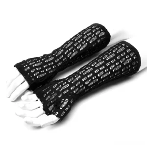 Pair of black distressed mesh fingerless gloves flat lay on white background showing full length