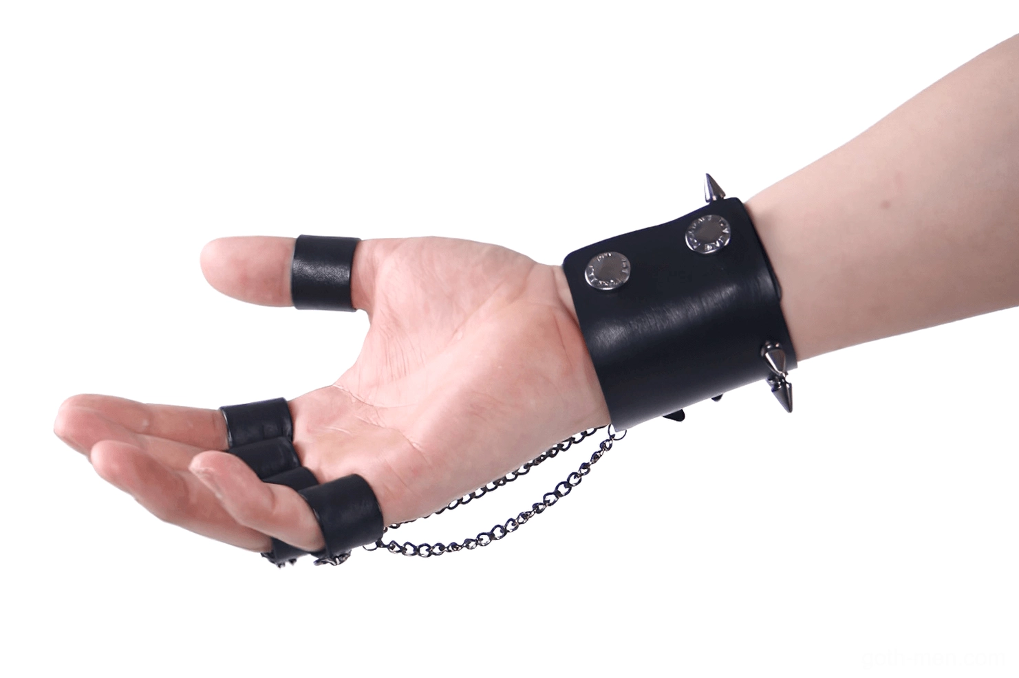 Black PU leather fingerless gloves palm-up view displaying chain-linked finger cuffs and skull embellishment