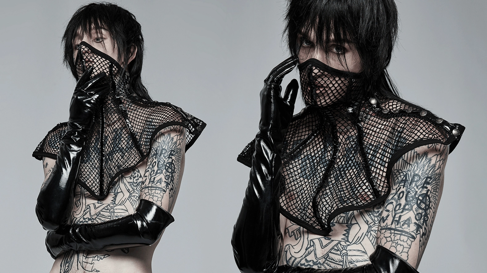 Black fishnet gothic mesh collar with shoulder pads detailed product shot showing overall silhouette and design proportions