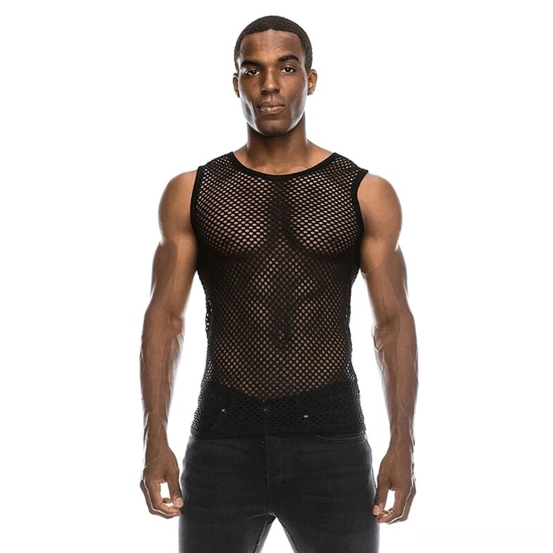 Black sheer fishnet gothic tank top for men, sleeveless fitted muscle cut front view on athletic model