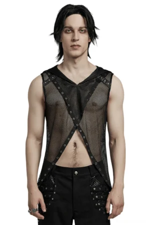 Black fishnet hooded mesh gothic vest front view on male model, sheer crisscross design