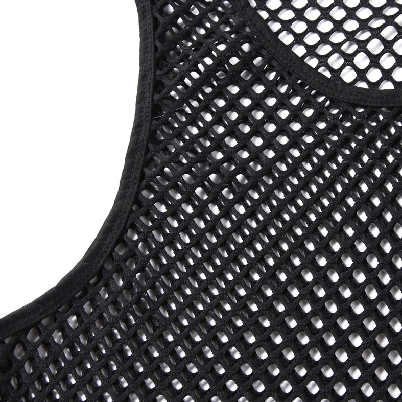 Close-up detail of black fishnet diamond mesh weave texture see-through fabric