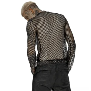 Black fishnet mesh top back side view with fitted silhouette and studded belt styling