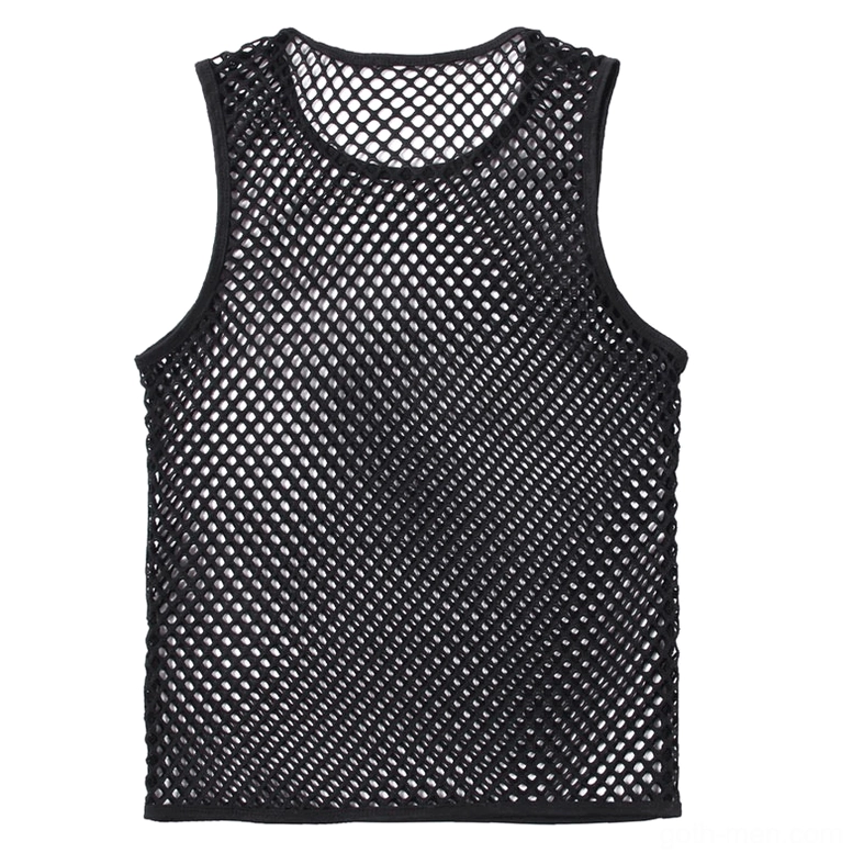 Black fishnet tank top flat lay sleeveless gothic mesh design crewneck