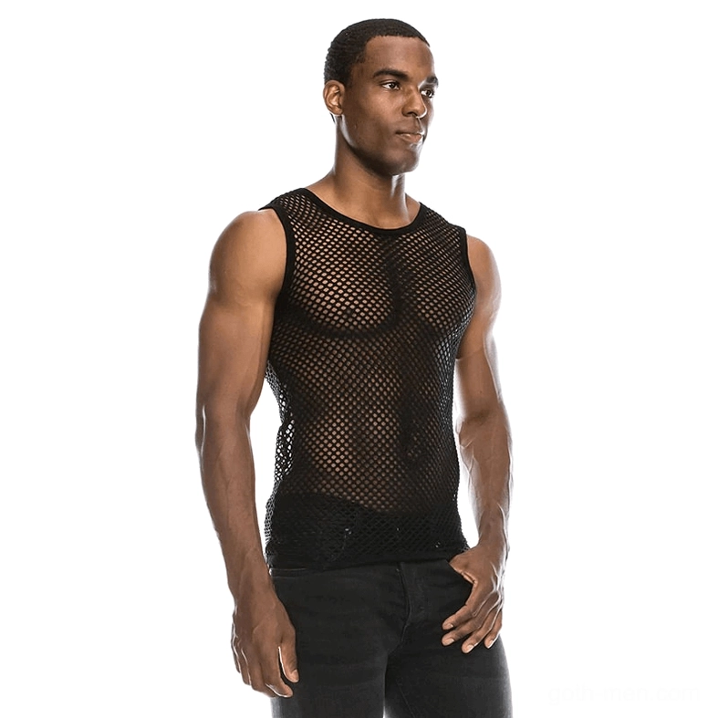 Black see-through fishnet gothic tank top side view fitted silhouette with black jeans