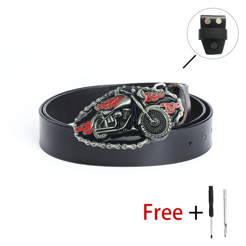 Black flame motorcycle biker belt displayed on white background with free screwdriver tools and spare belt loop included
