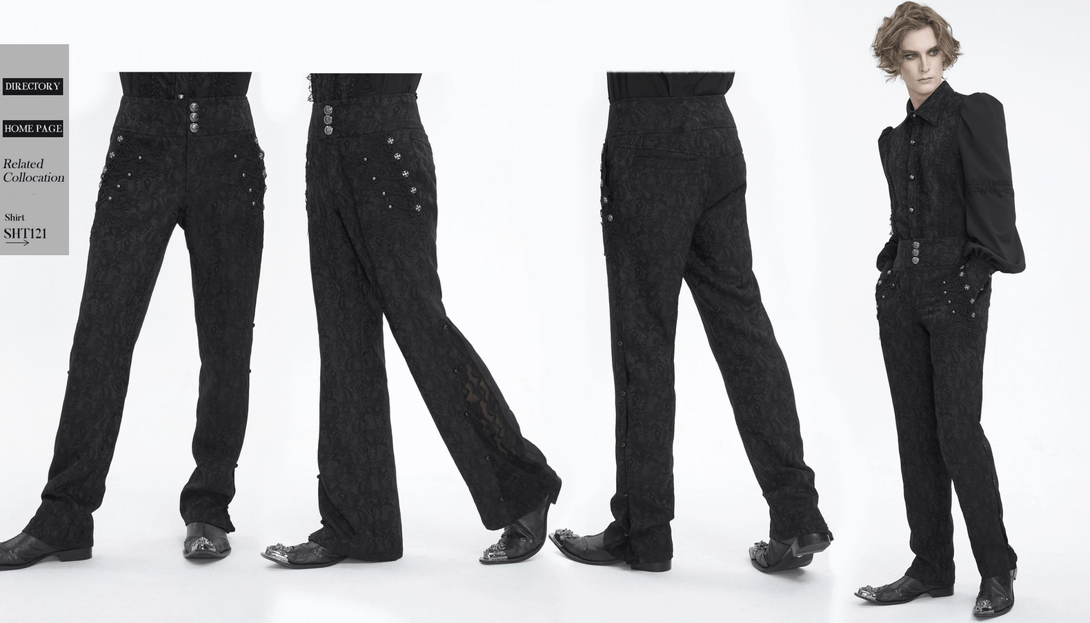 Black floral embroidered gothic trousers detail view of hardware and fabric composition