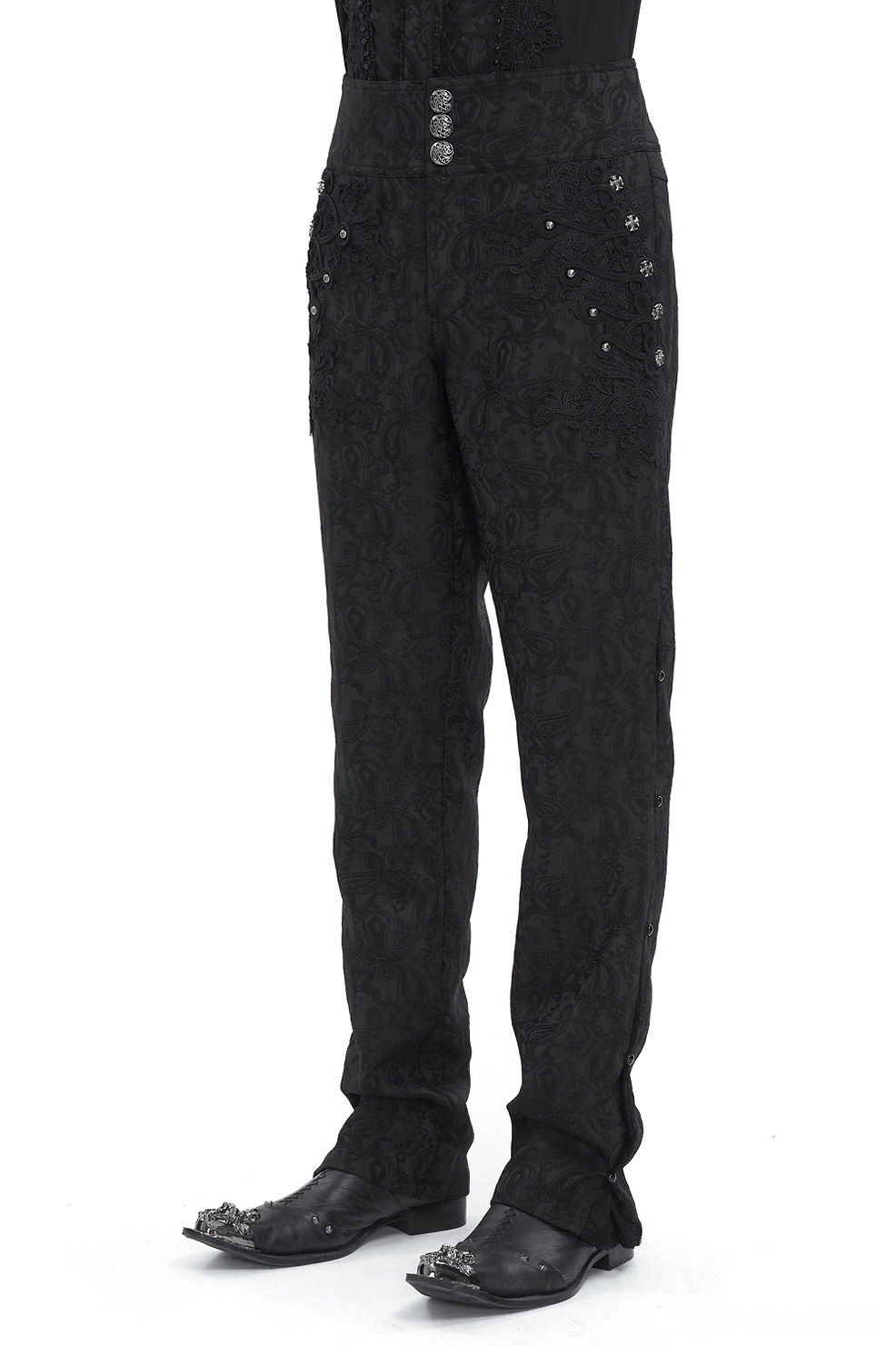 Black floral jacquard gothic cargo pants front view with metal stud accents and decorative buttons