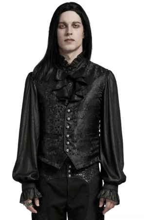 Black floral jacquard gothic waistcoat front view on model with ruffled shirt, demonstrating fitted silhouette and metal button placket
