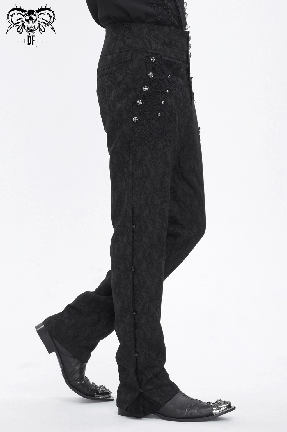 Black embroidered cargo pants close-up of floral pattern and metal hardware embellishments