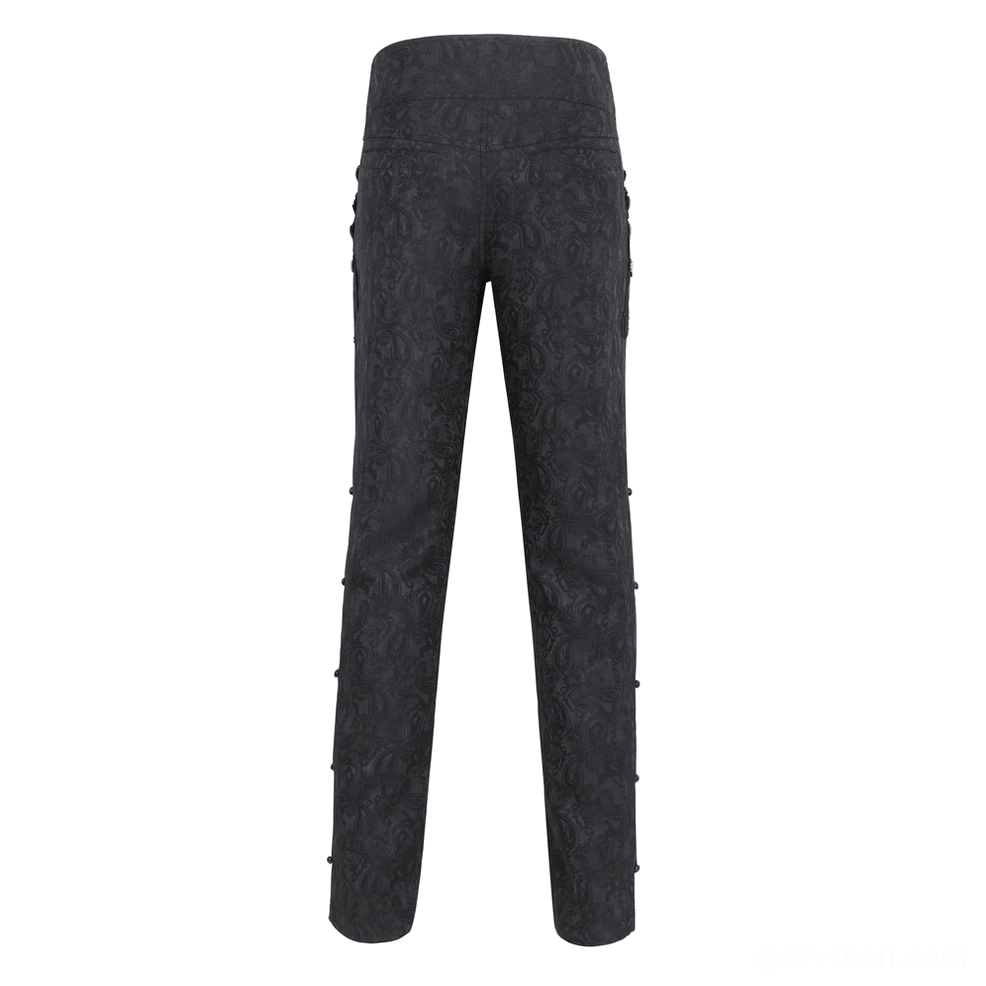 Black embroidered trousers flat lay rear view showing jacquard and decorative side buttons