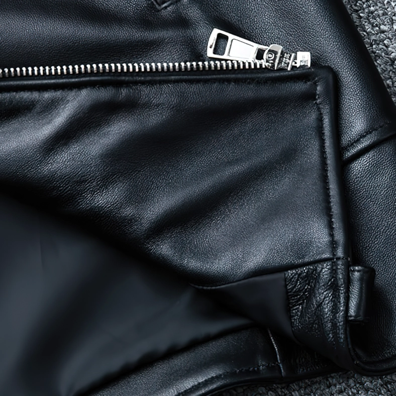 Premium black sheepskin leather biker jacket full product showcase with gothic aesthetic styling