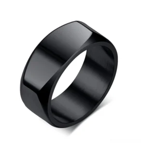Black IP-plated stainless steel gothic ring with beveled edges, minimalist geometric design for men, front three-quarter view