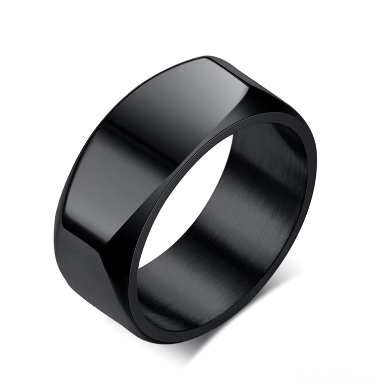 Black IP-plated stainless steel gothic ring with beveled edges, minimalist geometric design for men, front three-quarter view