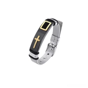 Black and gold cross stainless steel bracelet with IP black plating and gold cross ornament shown in three-quarter side view