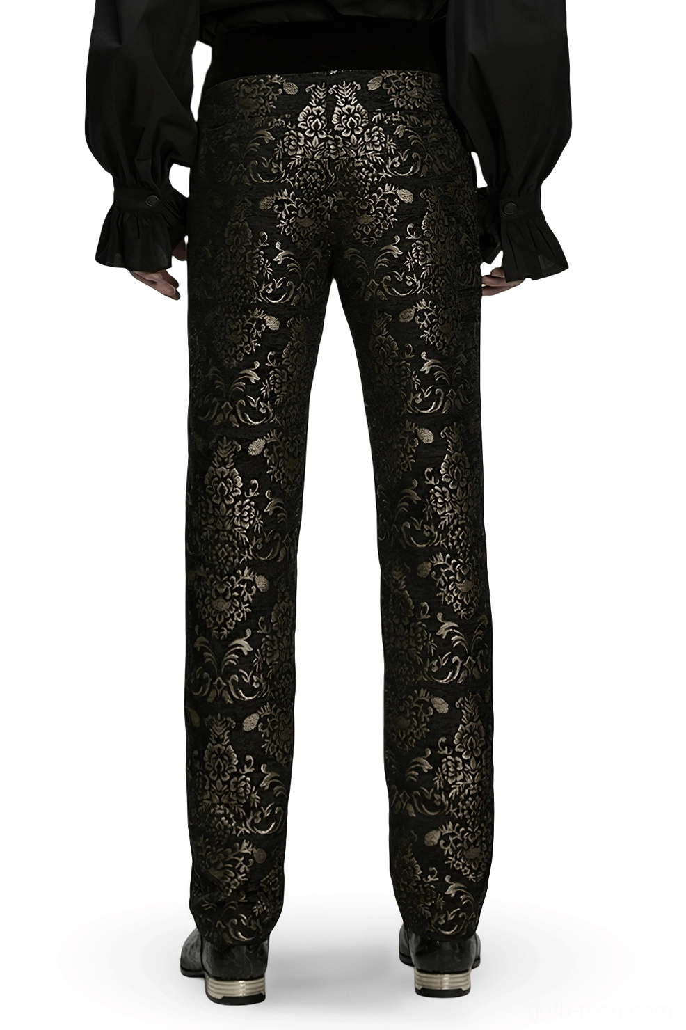 Rear view of black and gold gothic jacquard pants, displaying full all-over damask print pattern and straight leg silhouette from behind