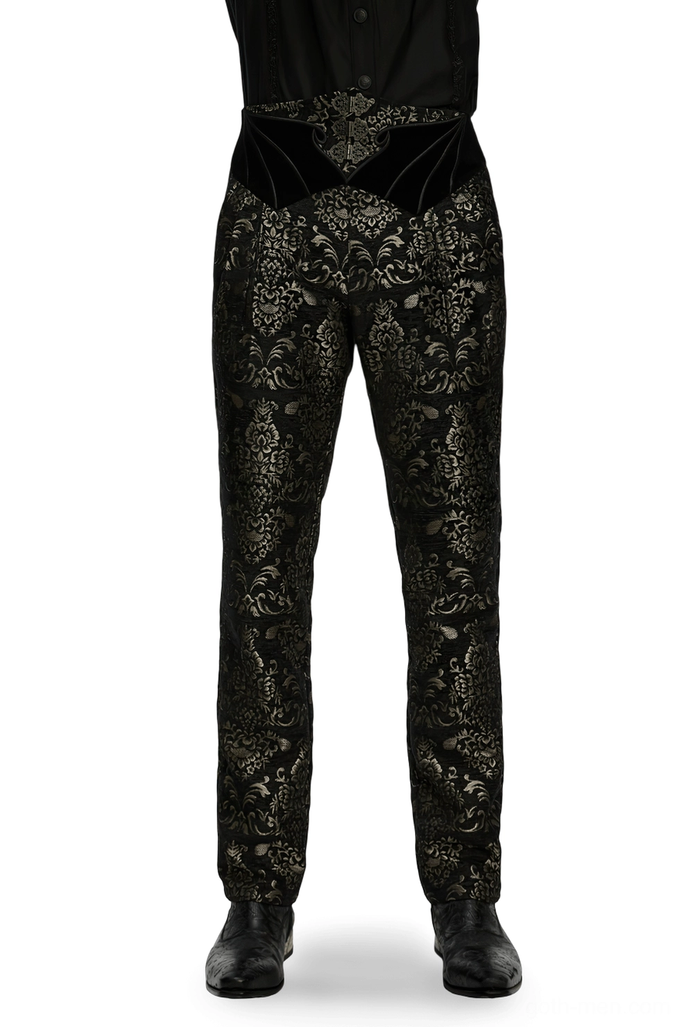 Black and gold jacquard velvet gothic pants front view on male model, showcasing intricate floral damask pattern and sculptural velvet waistband with metal buttons