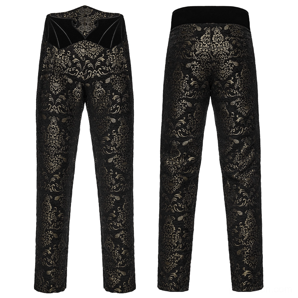 Flat lay front and rear of black and gold jacquard velvet gothic pants showing complete design with decorative velvet waist yoke and floral embroidery
