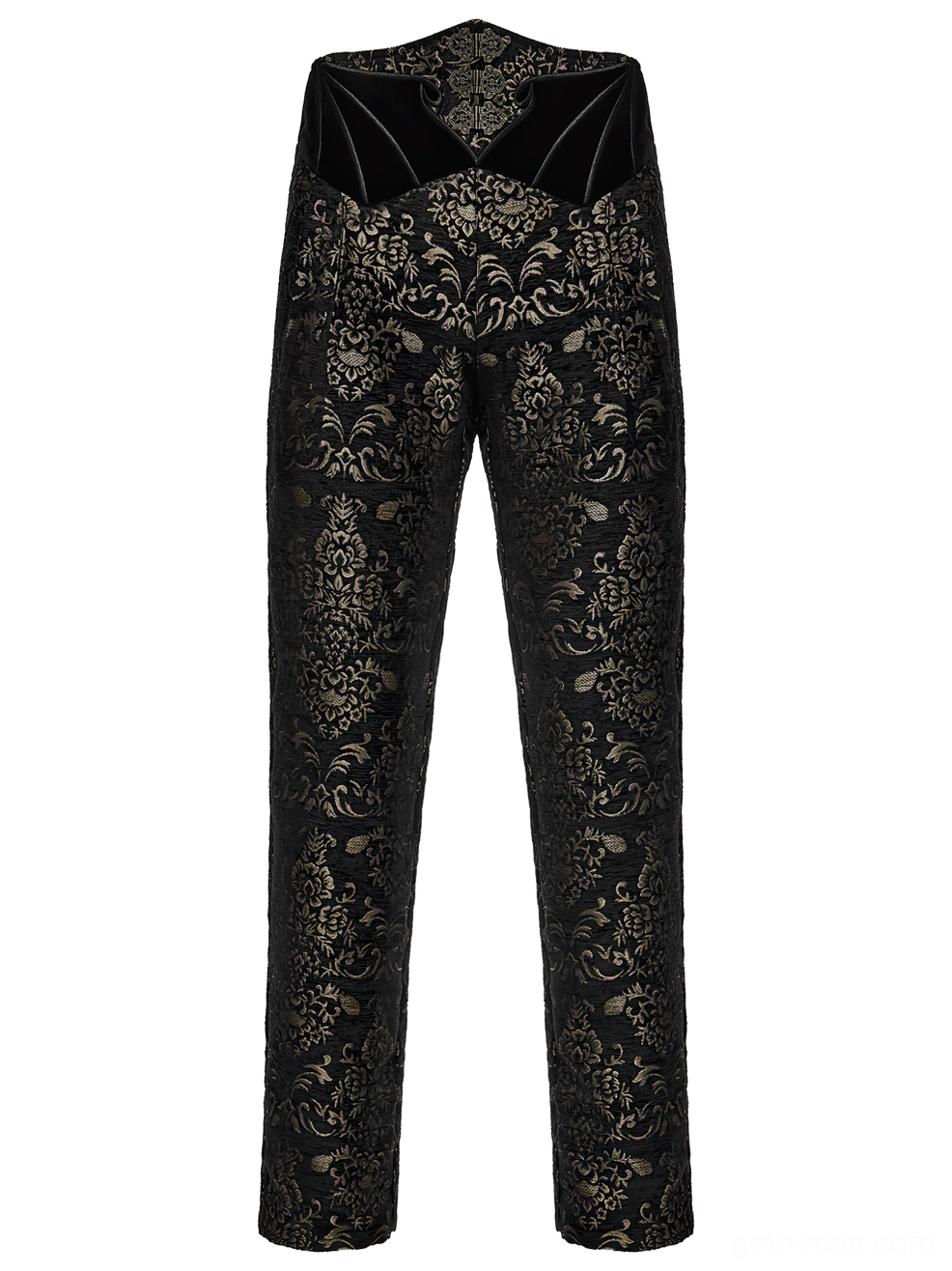Front flat lay of black and gold jacquard gothic pants highlighting bat-wing velvet waist panel and intricate gold floral pattern across fabric