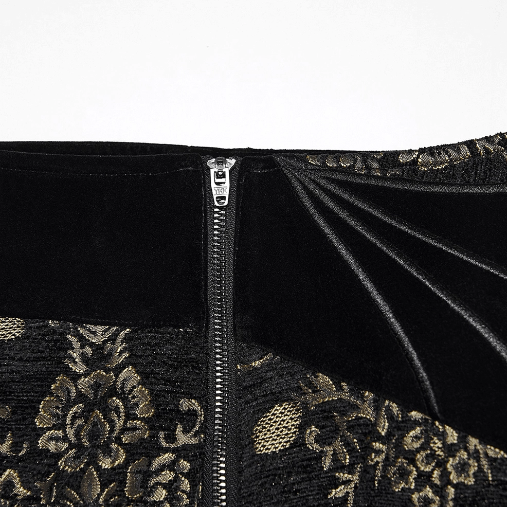 Side flat lay of black and gold gothic jacquard pants displaying slim straight leg cut and all-over damask weave pattern