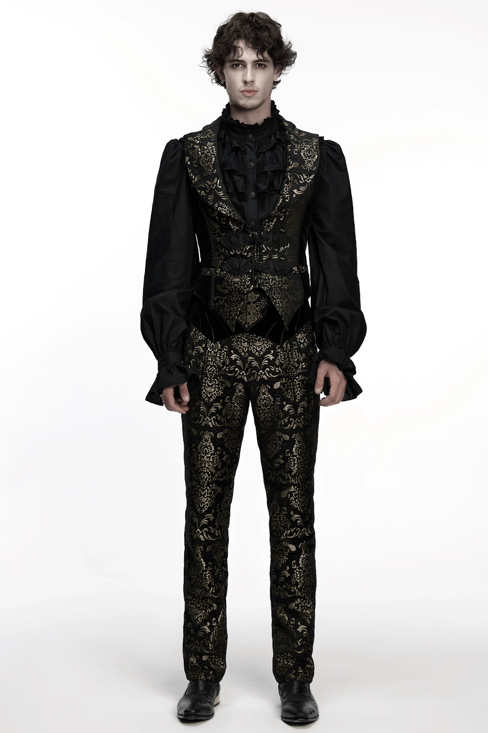 Full-body look featuring black and gold jacquard velvet gothic pants paired with complementary gothic accessories and upper wear