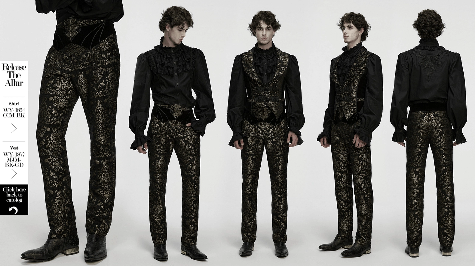 Hero product image of black and gold jacquard velvet gothic pants showcasing complete design with all decorative elements and sophisticated silhouette