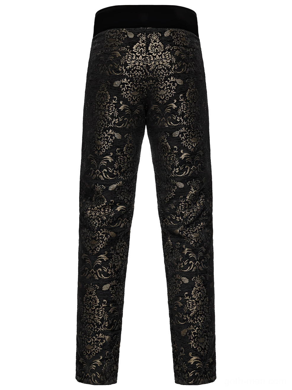 Detail view of ornamental hollow-work metal buttons on black and gold jacquard gothic pants with gothic filigree pattern design