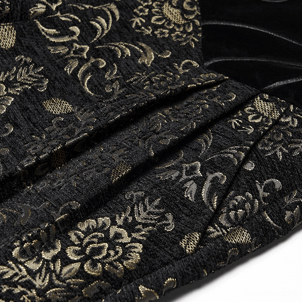 Macro photograph of metal zipper closure on black and gold jacquard gothic pants with decorative metal details on dark background