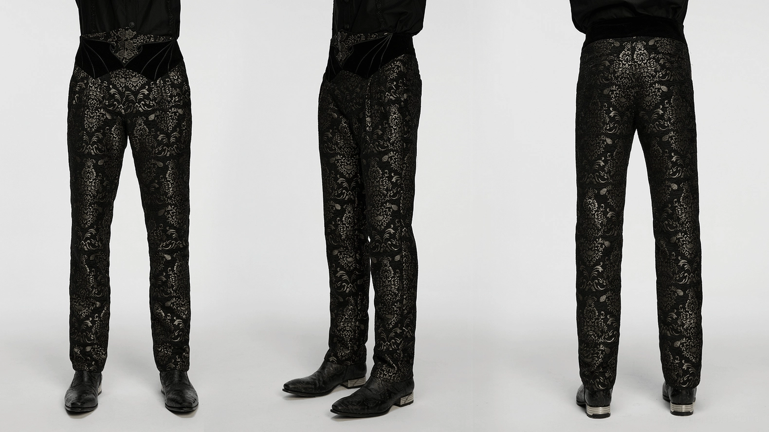 Alternative product shot of black and gold jacquard velvet gothic pants emphasizing ornamental details and richly embroidered waistband