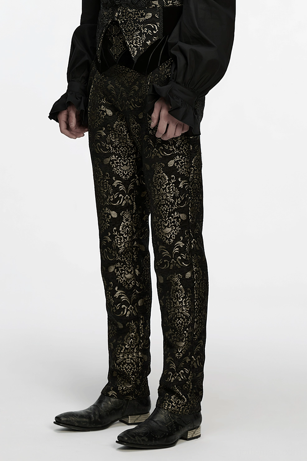 Alternative angle of black and gold jacquard gothic pants showing full silhouette with metallic thread highlights and structured waistband